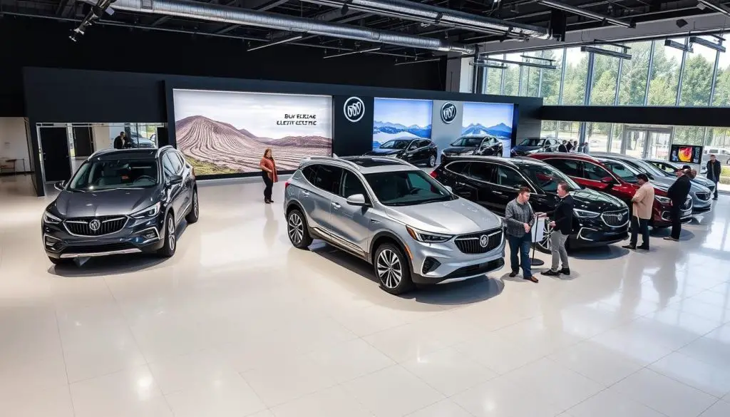 Buick dealership showcasing current lineup with future electric models concept art Buick dealership showcasing current lineup with future electric models concept art