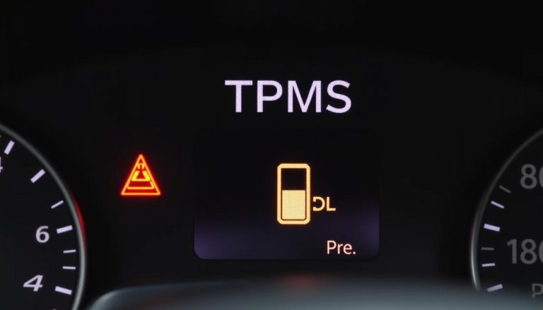 Car dashboard showing TPMS warning light illuminated