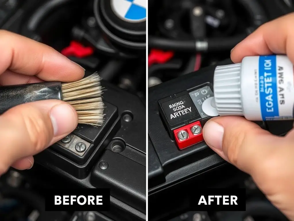 Cleaning corroded BMW battery terminals with baking soda solution Cleaning corroded BMW battery terminals with baking soda solution