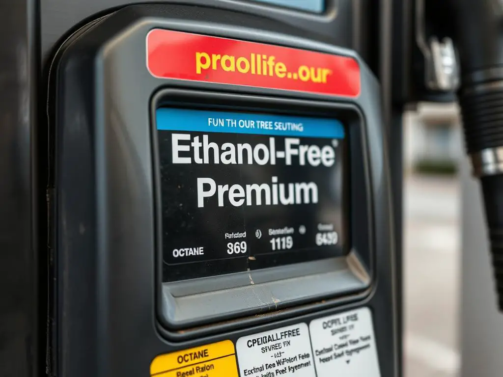 Close-up of gas pump label showing ethanol-free premium gas option Close-up of gas pump label showing ethanol-free premium gas option