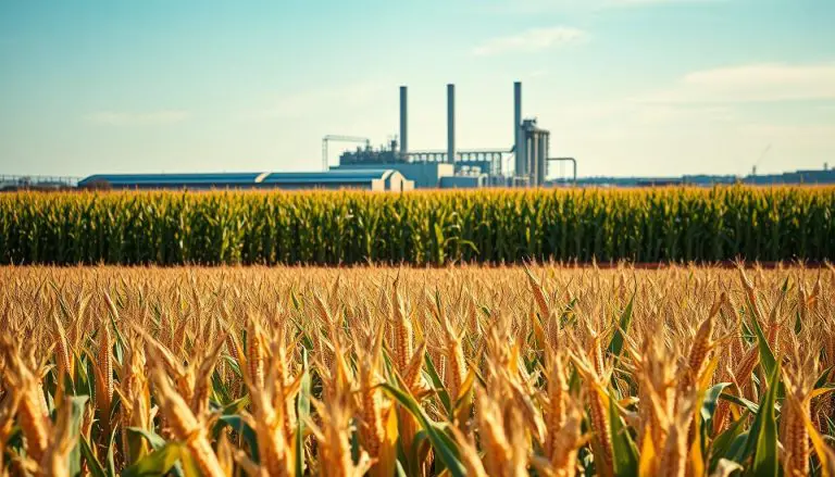 Corn field with ethanol production facility in background showing premium gas ethanol source