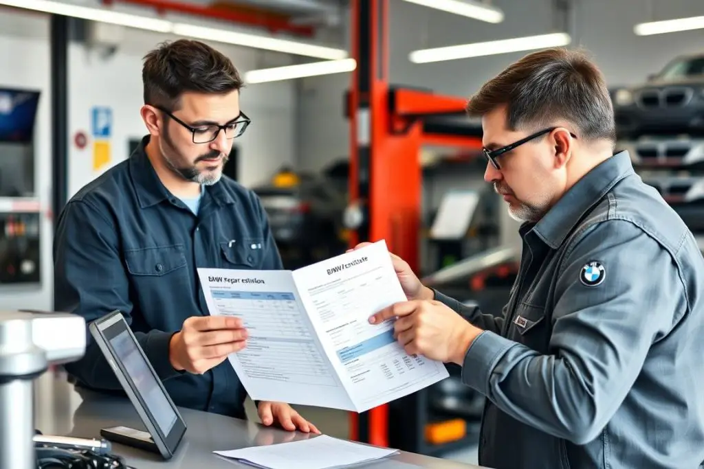 Customer reviewing BMW repair estimate with service advisor Customer reviewing BMW repair estimate with service advisor