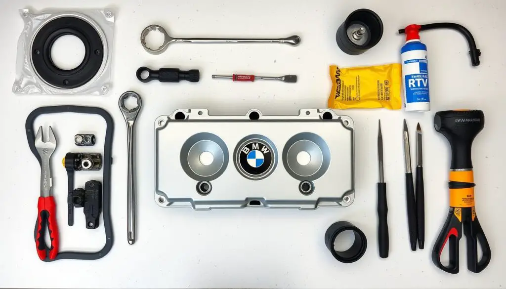 DIY BMW valve cover gasket replacement tools and parts laid out DIY BMW valve cover gasket replacement tools and parts laid out