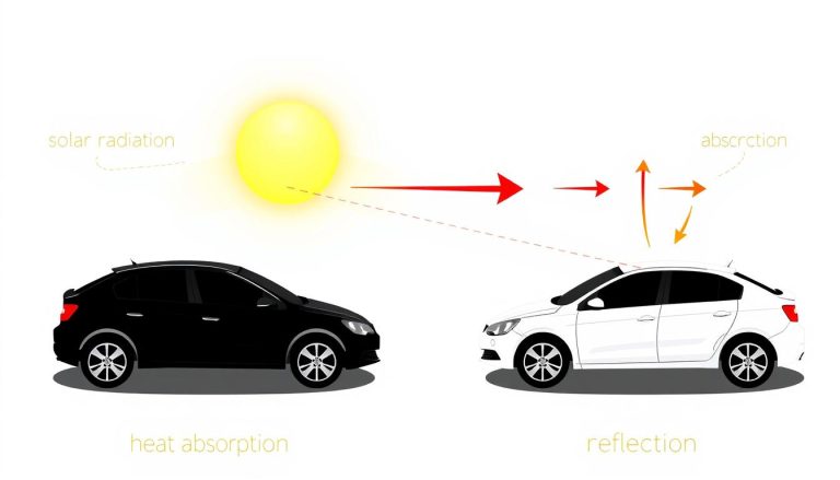 Diagram showing how black cars absorb more solar radiation than white cars