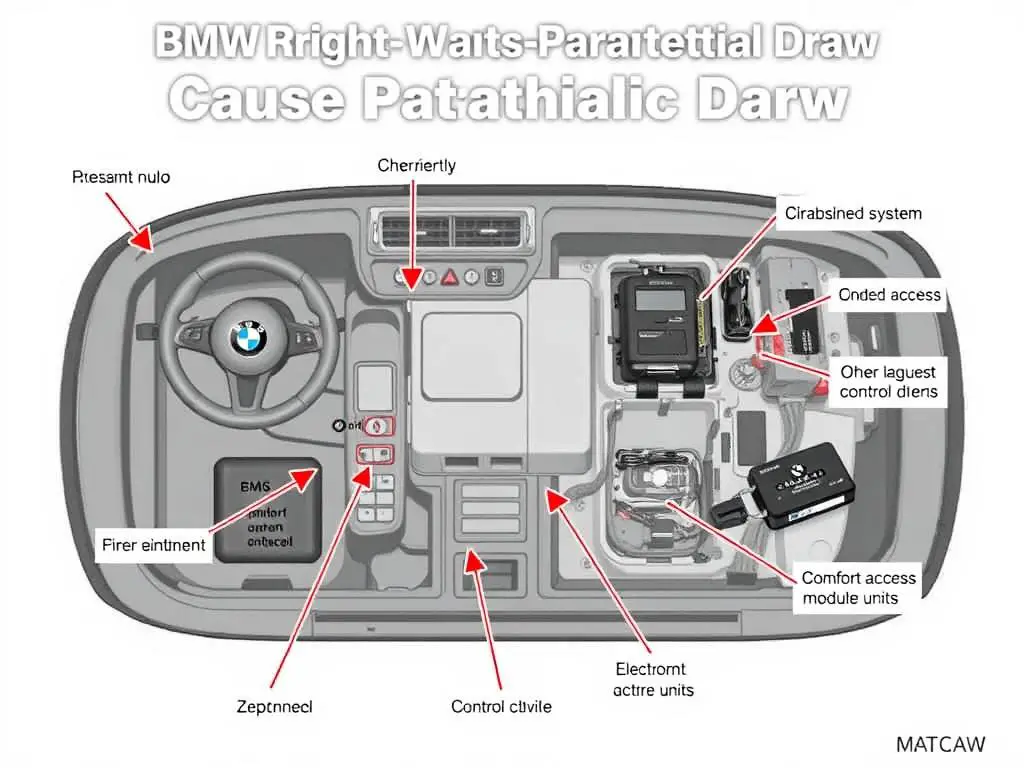 Diagram showing various electronic components that can cause parasitic drain in a BMW Diagram showing various electronic components that can cause parasitic drain in a BMW