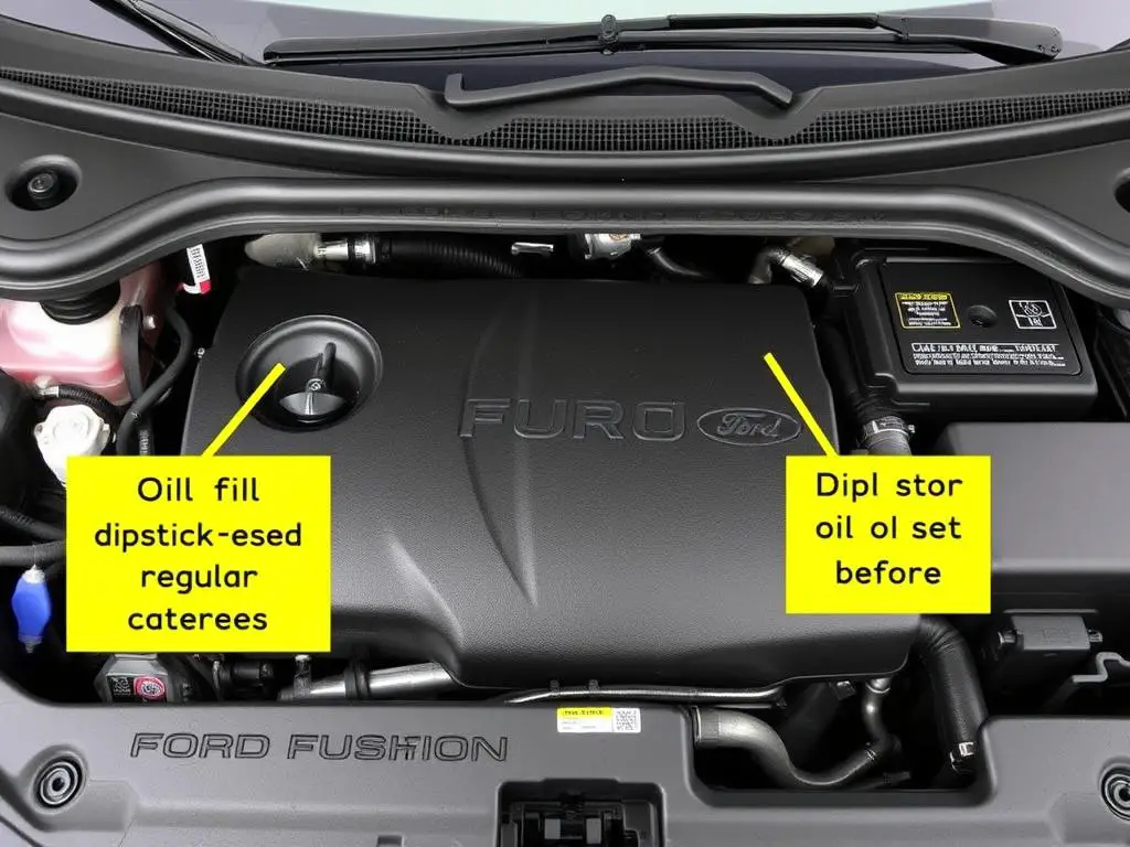 Ford Fusion engine bay showing oil fill cap and dipstick locations Ford Fusion engine bay showing oil fill cap and dipstick locations