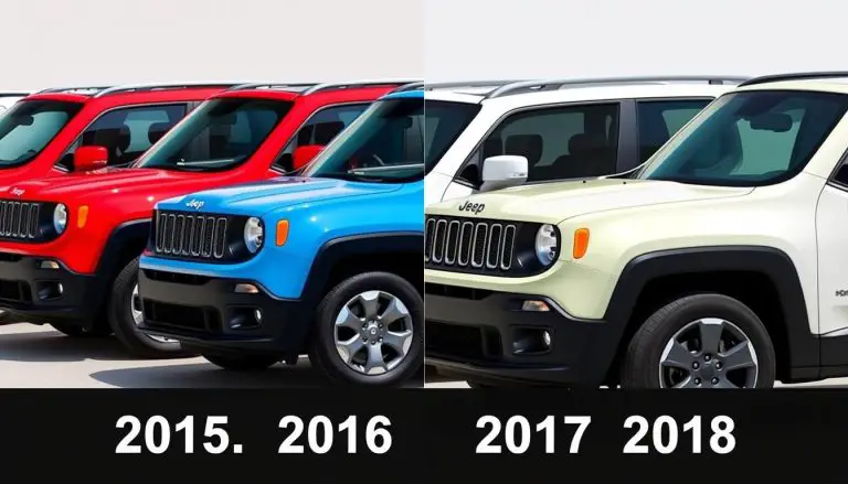 Four Jeep Renegade models from years 2015-2018 lined up showing the problematic years to avoid