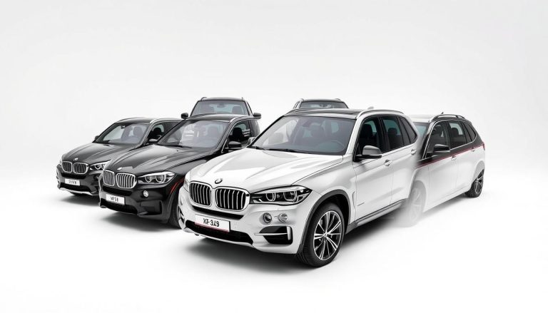 Four generations of BMW X5 models showing the evolution of design from 1999 to present