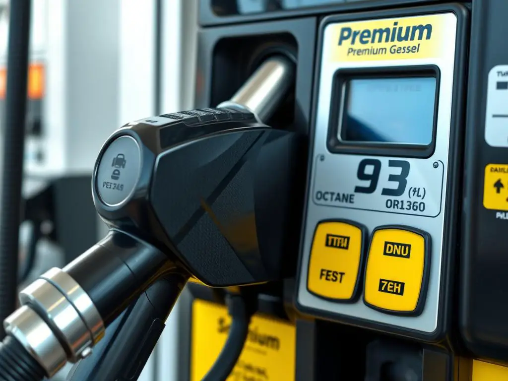 Gas station pump showing premium gas with ethanol content label Gas station pump showing premium gas with ethanol content label