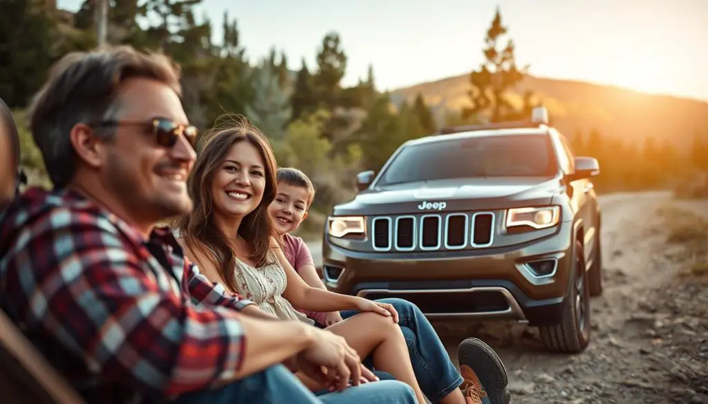 Happy family with a reliable Jeep Grand Cherokee model on an adventure Happy family with a reliable Jeep Grand Cherokee model on an adventure