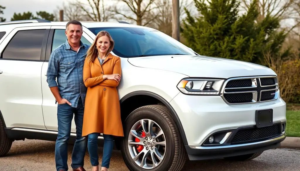 Happy family with their reliable Dodge Durango model from a recommended year Happy family with their reliable Dodge Durango model from a recommended year