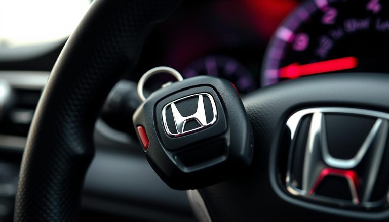 Honda key with immobilizer chip next to a vehicle dashboard