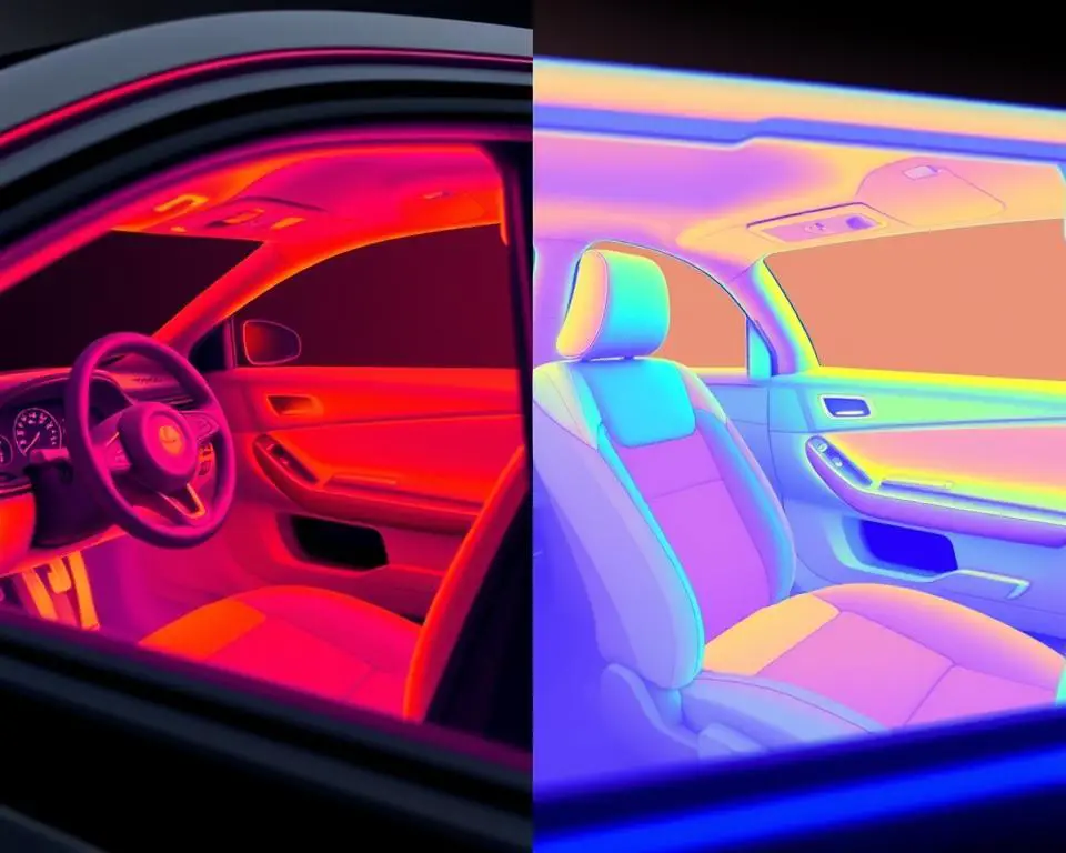 Infrared comparison of black and white car interiors showing temperature differences Infrared comparison of black and white car interiors showing temperature differences