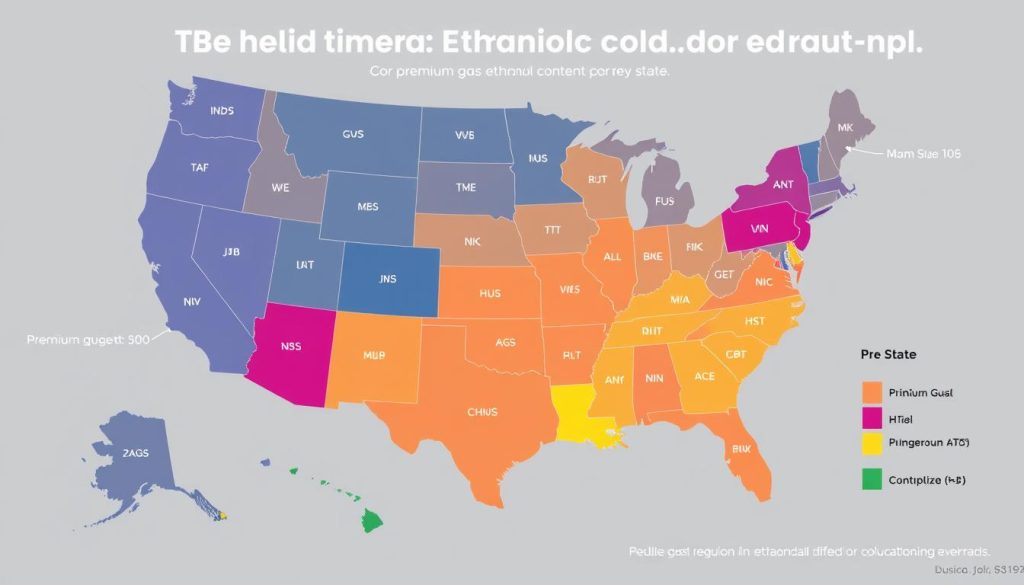 Map of the United States showing ethanol requirements by state for premium gas ethanol regulations Map of the United States showing ethanol requirements by state for premium gas ethanol regulations