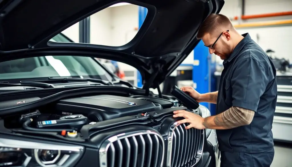 Mechanic inspecting a BMW X1 engine - BMW X1 Years to Avoid Mechanic inspecting a BMW X1 engine - BMW X1 Years to Avoid
