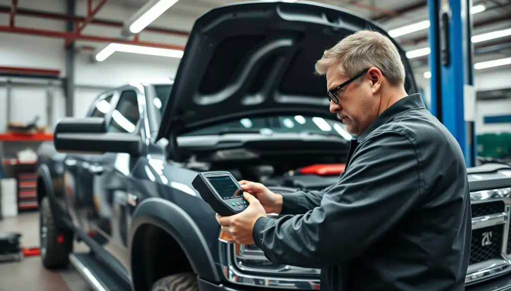 Mechanic inspecting a used Dodge Ram 2500 - what to check before buying Mechanic inspecting a used Dodge Ram 2500 - what to check before buying
