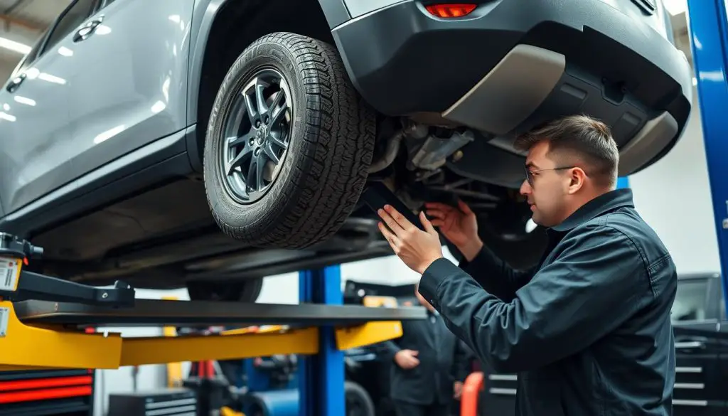 Mechanic inspecting a used Jeep Compass before purchase