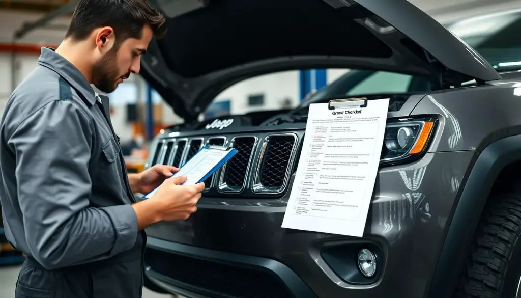 Mechanic inspecting a used Jeep Grand Cherokee with a checklist Mechanic inspecting a used Jeep Grand Cherokee with a checklist