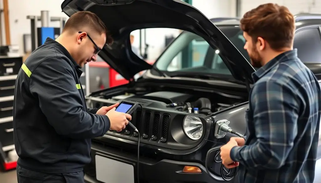 Mechanic inspecting a used Jeep Renegade before purchase
