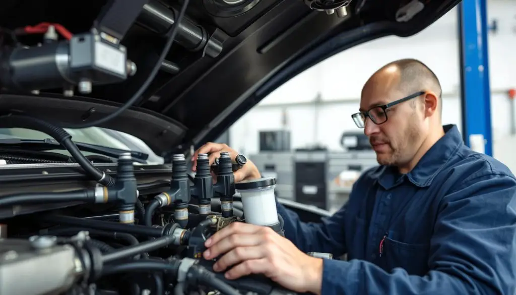 Mechanic inspecting fuel system components affected by premium gas ethanol Mechanic inspecting fuel system components affected by premium gas ethanol
