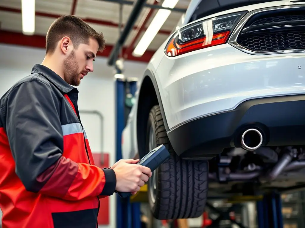 Mechanic performing pre-purchase inspection on a Dodge Durango Mechanic performing pre-purchase inspection on a Dodge Durango