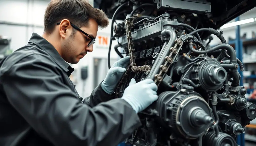 Mechanic working on BMW N20 engine timing chain replacement Mechanic working on BMW N20 engine timing chain replacement