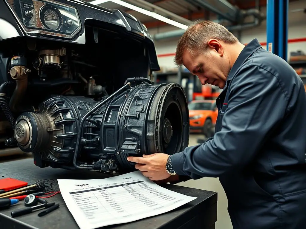 Mechanic working on a Jeep Grand Cherokee transmission with cost estimate sheet visible Mechanic working on a Jeep Grand Cherokee transmission with cost estimate sheet visible