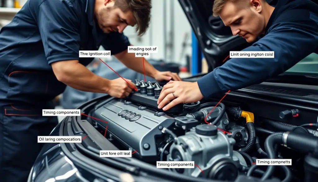 Mechanic working on an Audi TT engine highlighting common problems across years to avoid Mechanic working on an Audi TT engine highlighting common problems across years to avoid