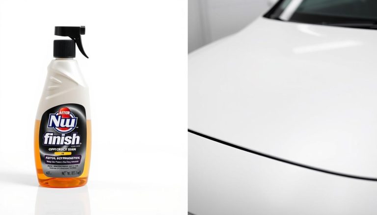 Nu Finish car polish bottle next to a shiny car showing the Nu Finish pros and cons