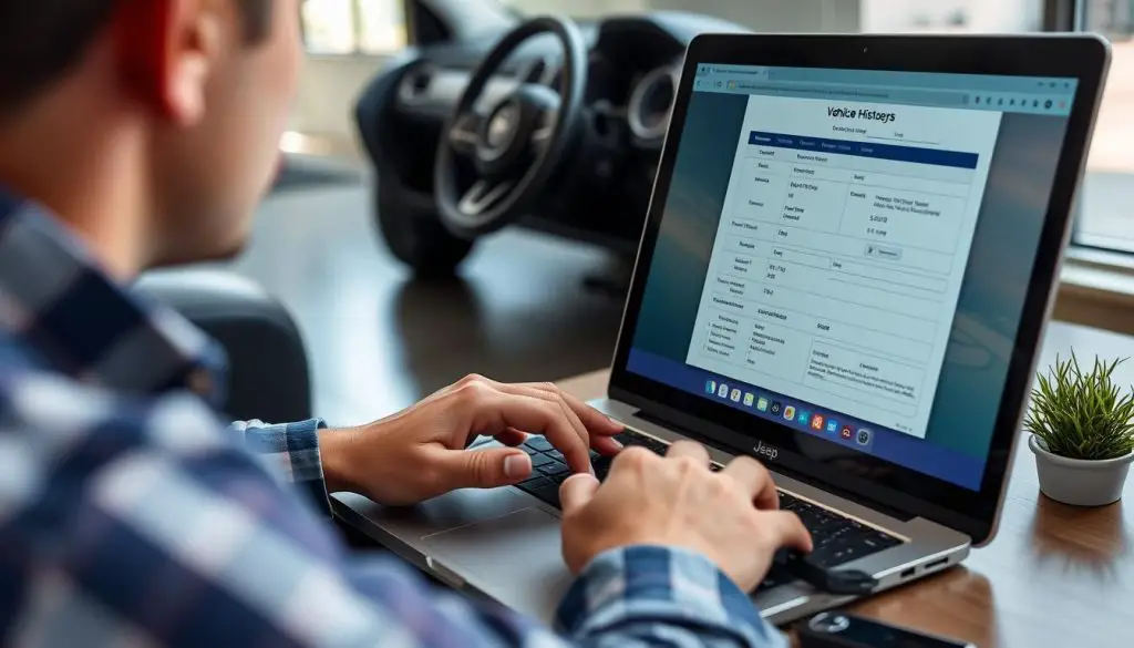 Person checking vehicle history report for a Jeep Compass on laptop
