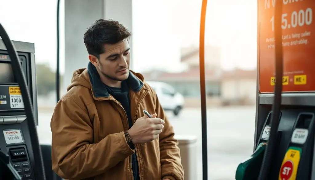 Person making informed choice between different premium gas ethanol options at gas station Person making informed choice between different premium gas ethanol options at gas station