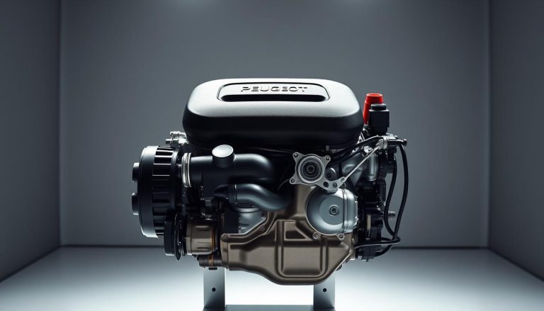 Peugeot PureTech 1.2 turbocharged engine on display showing its compact three-cylinder design