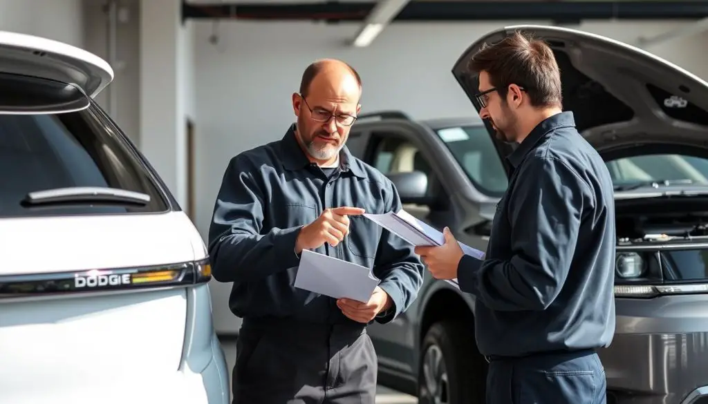 Potential buyer inspecting a used Dodge Durango with a mechanic Potential buyer inspecting a used Dodge Durango with a mechanic