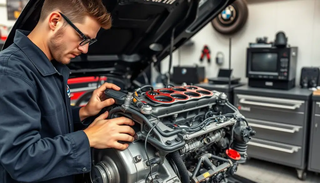Professional BMW technician working on engine head gasket replacement Professional BMW technician working on engine head gasket replacement