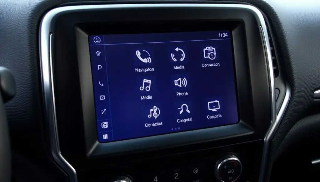 Properly functioning Uconnect system with multiple features displayed Properly functioning Uconnect system with multiple features displayed