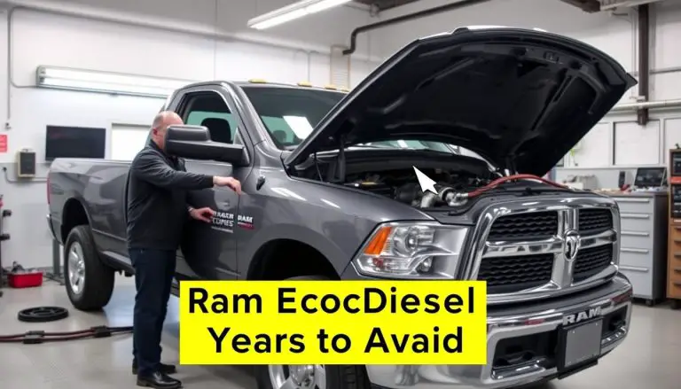 Ram EcoDiesel truck with hood open showing engine components with Ram EcoDiesel Years to Avoid caption