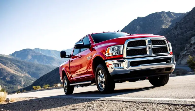 Red Dodge Ram 2500 truck on mountain road - years to avoid