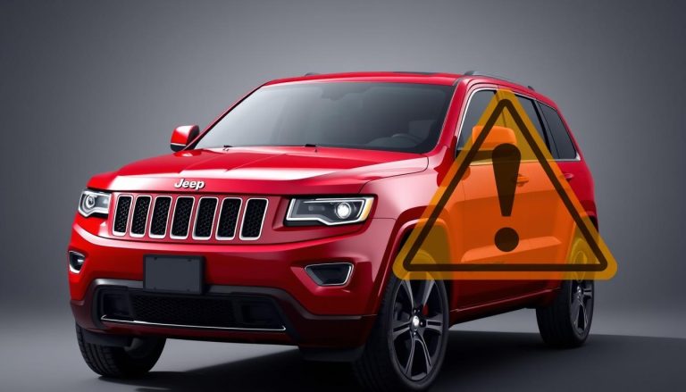 Red Jeep Grand Cherokee with warning symbols overlaid, highlighting Jeep Grand Cherokee years to avoid