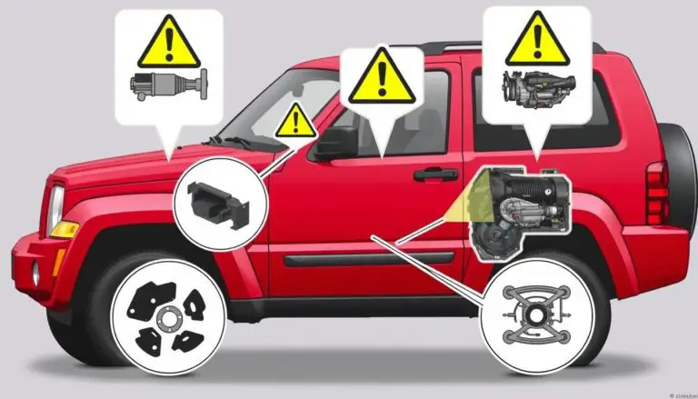 Red Jeep Liberty with warning symbols highlighting problem areas including transmission, engine, and suspension