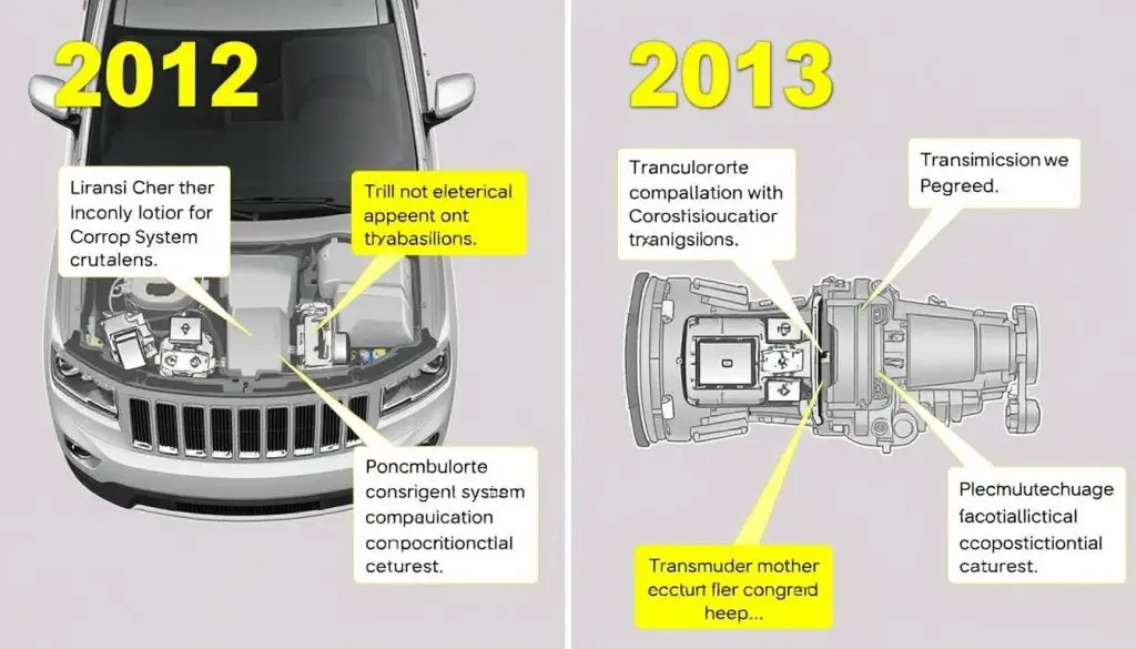 Side-by-side comparison of 2012 and 2013 Jeep Grand Cherokee models highlighting problem areas Side-by-side comparison of 2012 and 2013 Jeep Grand Cherokee models highlighting problem areas