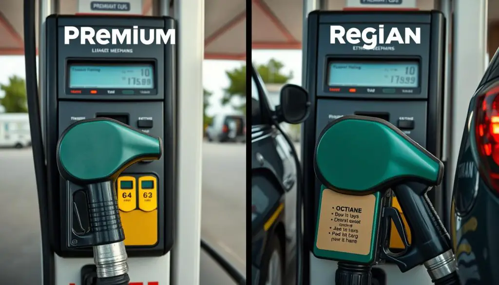 Side-by-side comparison of premium gas ethanol and regular gas being pumped into vehicles Side-by-side comparison of premium gas ethanol and regular gas being pumped into vehicles
