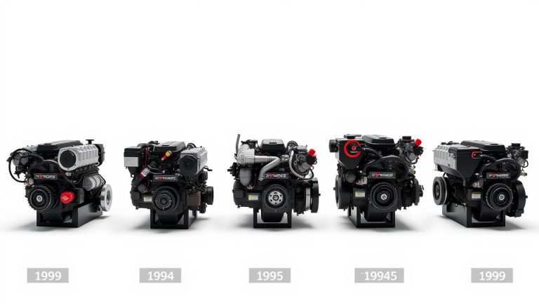 Six generations of Dodge Cummins diesel engines showing evolution from 1989 to present