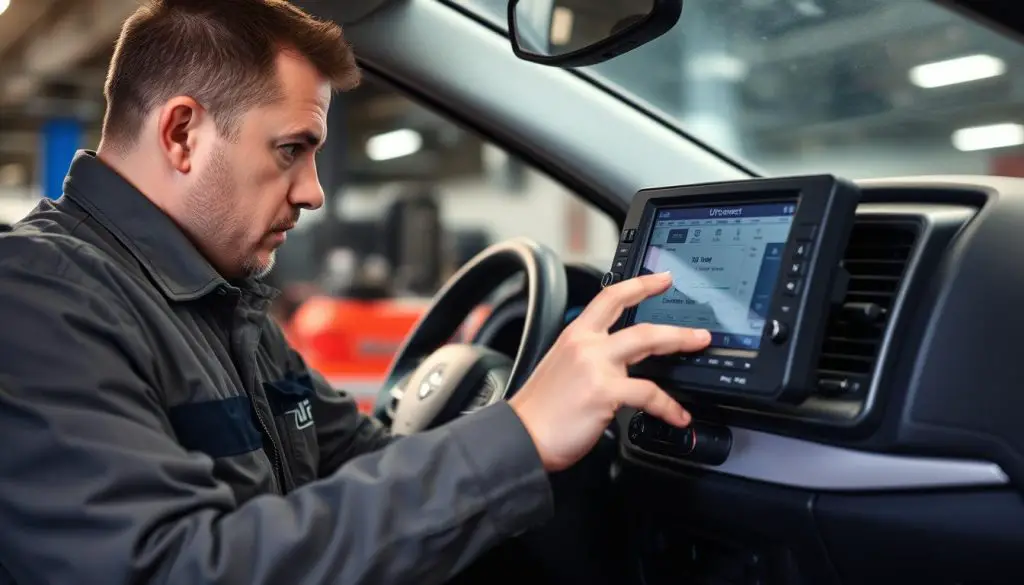 Technician diagnosing Uconnect system at dealership Technician diagnosing Uconnect system at dealership