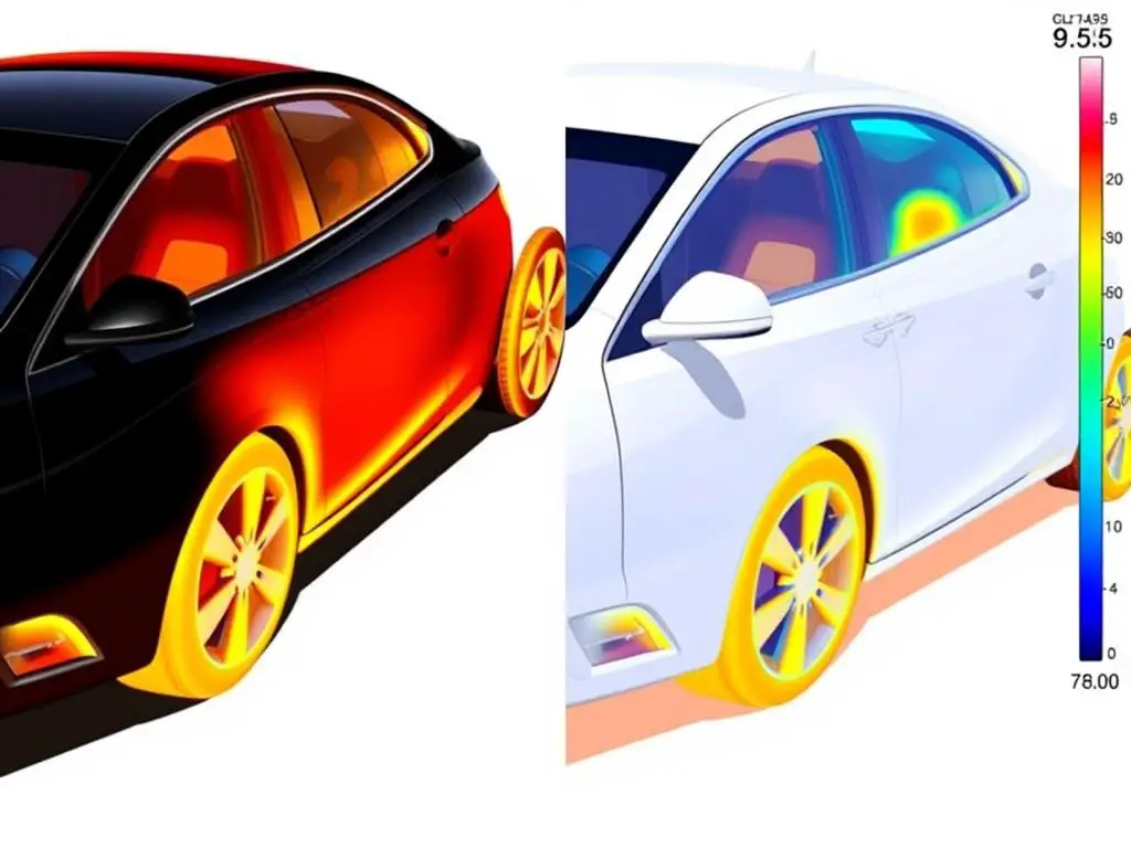 Thermal imaging comparison of black and white cars in sunlight showing do black cars get hotter Thermal imaging comparison of black and white cars in sunlight showing do black cars get hotter