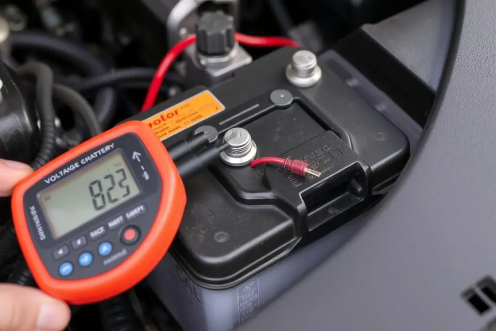 Vehicle battery being tested with a multimeter Vehicle battery being tested with a multimeter
