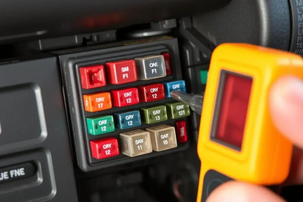 Vehicle fuse box with Uconnect-related fuses highlighted Vehicle fuse box with Uconnect-related fuses highlighted