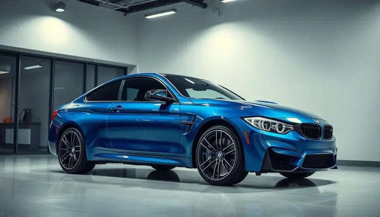 BMW M4 in Metallic Blue paint under showroom lighting, highlighting the depth and reflective qualities of the metallic finish
