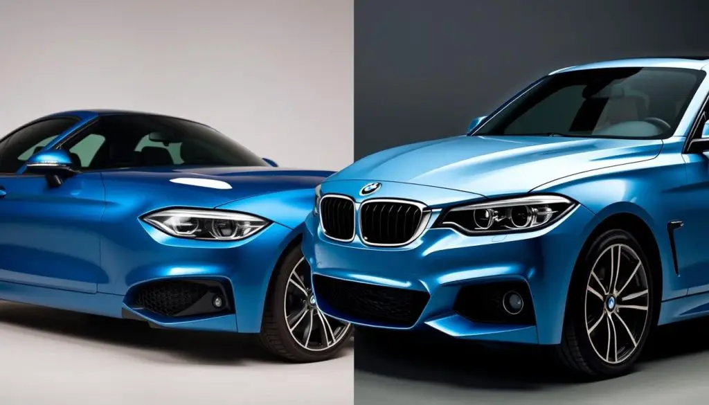 BMW Metallic Blue vehicle parked next to a similar model in non-metallic blue, showing the visual difference between metallic and solid paint finishes