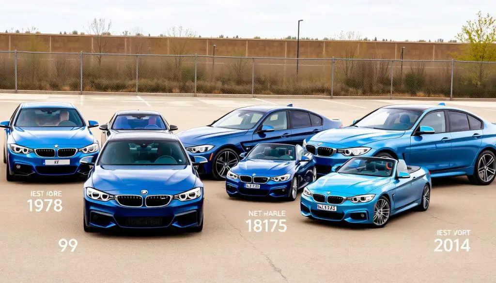 BMW lineup in various Metallic Blue shades arranged chronologically, showing the evolution of BMW's blue metallic paint colors