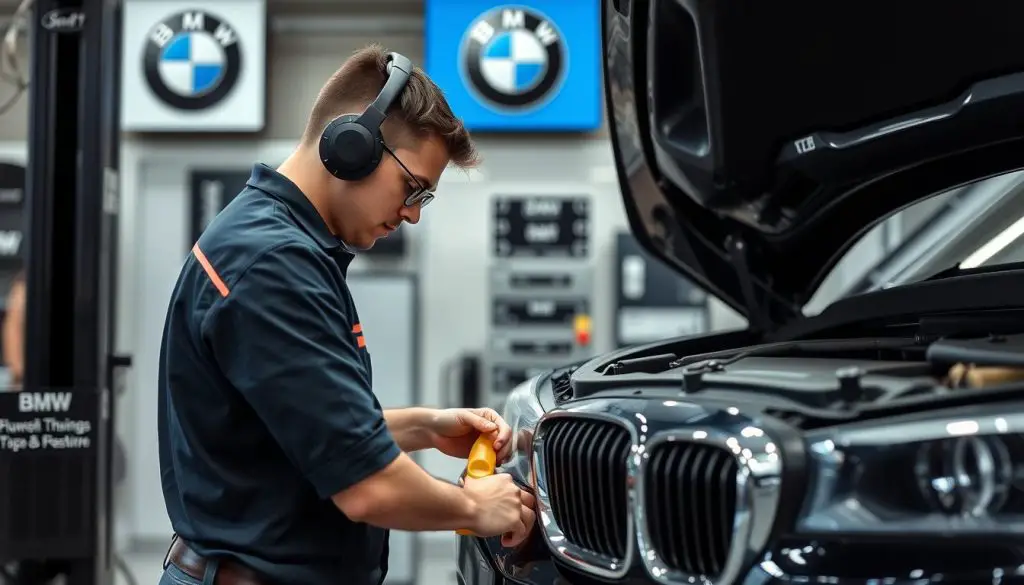 BMW maintenance being performed by a professional technician BMW maintenance being performed by a professional technician